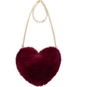 Women Dark Red Imported Faux Fur Heart Shaped Cute Valentine Shoulder Bag